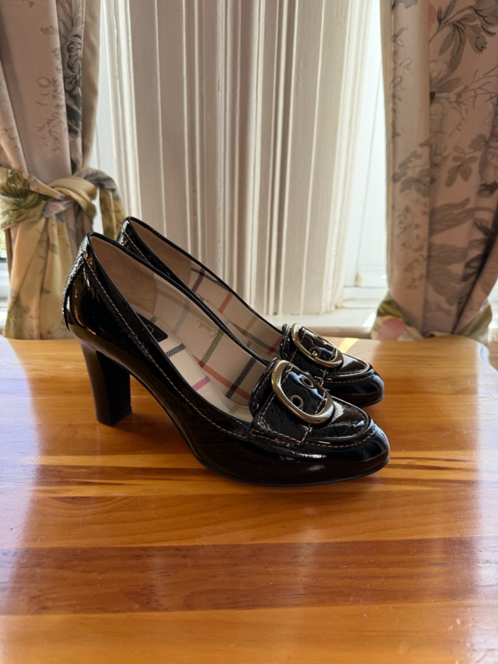 Coach Black Patent Leather Mid Heel Pumps with Gold-Tone Buckles